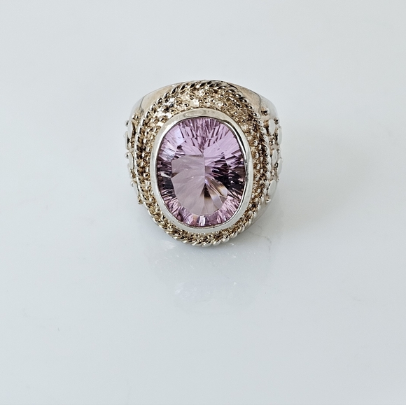 Genuine 9.32 Carat Pink Tourmaline Ring Two Toned Band Sterling Silver Sz 7.5 - Picture 3 of 13